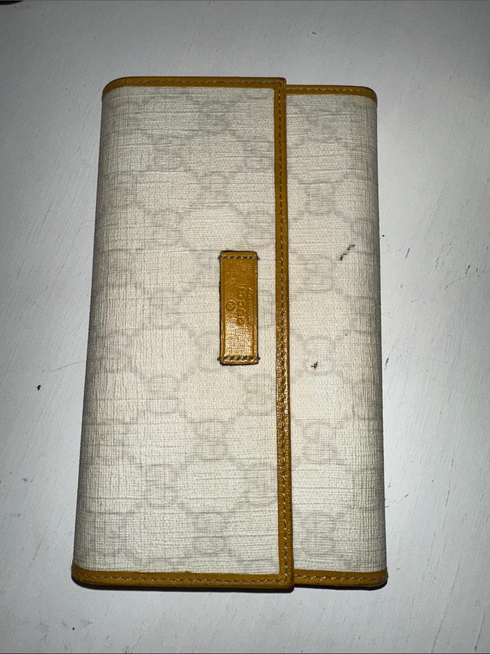 Gucci continental Monogram Wallet with Mustard Yellow Trim